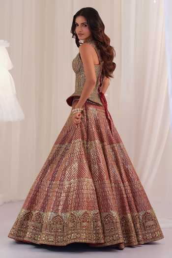 K&A By Karishma and Ashita Maroon Silk Sequins, Zari Sweetheart Neck Raw Embroidered Lehenga Set Online at Aza Fashions K&A By Karishma and Ashita_Maroon Silk Sequins, Zari Sweetheart Neck Raw Embroidered Lehenga Set _Online_at_Aza_Fashions