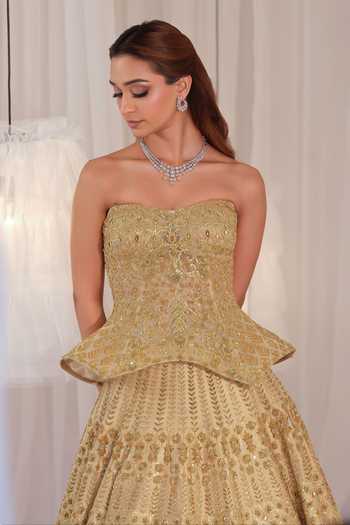 K&A By Karishma and Ashita Gold Silk Sequins, Zari, Stones Sweetheart Hand Embellished Corset And Lehenga Set Online at Aza Fashions K&A By Karishma and Ashita_Gold Silk Sequins, Zari, Stones Sweetheart Hand Embellished Corset And Lehenga Set _Online_at_Aza_Fashions