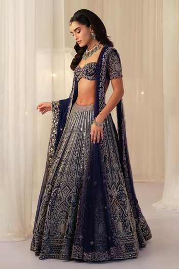 K&A By Karishma and Ashita Blue Silk Sweetheart Neck Hand Embellished Raw Lehenga Set Online at Aza Fashions K&A By Karishma and Ashita_Blue Silk Sweetheart Neck Hand Embellished Raw Lehenga Set _Online_at_Aza_Fashions
