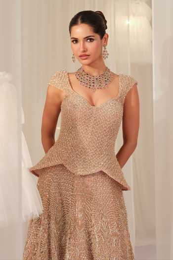 K&A By Karishma and Ashita Pink Net Embroidery, Sequins, Beads, Embellished Peplum Corset Lehenga Set Online at Aza Fashions K&A By Karishma and Ashita_Pink Net Embroidery, Sequins, Beads, Embellished Peplum Corset Lehenga Set _Online_at_Aza_Fashions