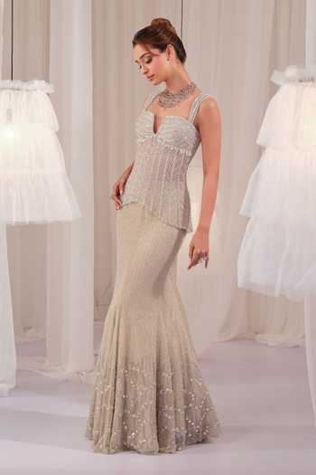 K&A By Karishma and Ashita Silver Net Beads, Crystals Sweetheart Neck Embellished Corset And Skirt Set Online at Aza Fashions K&A By Karishma and Ashita_Silver Net Beads, Crystals Sweetheart Neck Embellished Corset And Skirt Set _Online_at_Aza_Fashions