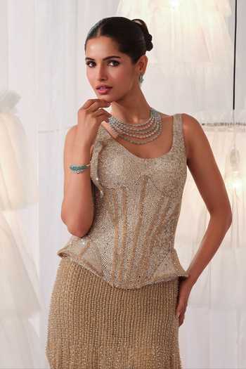 K&A By Karishma and Ashita Gold Net Sequins, Stones, Crystals Scoop Hand Embroidered Corset And Skirt Set Online at Aza Fashions K&A By Karishma and Ashita_Gold Net Sequins, Stones, Crystals Scoop Hand Embroidered Corset And Skirt Set _Online_at_Aza_Fashions