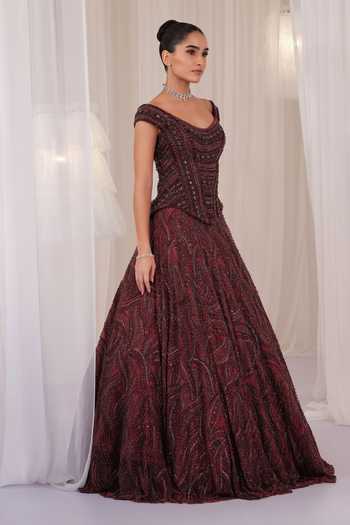 K&A By Karishma and Ashita Wine Net Embroidery, Sequins, Beads Hand Embellished Corset And Lehenga Set Online at Aza Fashions K&A By Karishma and Ashita_Wine Net Embroidery, Sequins, Beads Hand Embellished Corset And Lehenga Set _Online_at_Aza_Fashions