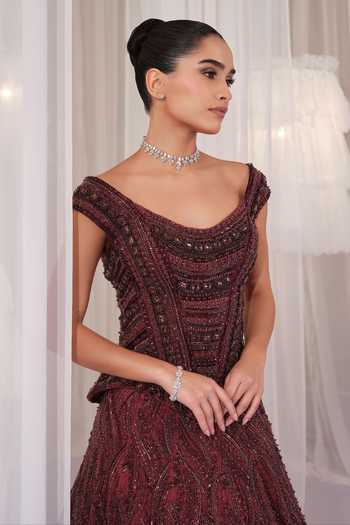 Buy K&A By Karishma and Ashita Wine Net Embroidery, Sequins, Beads Hand Embellished Corset And Lehenga Set Online at Aza Fashions Buy_K&A By Karishma and Ashita_Wine Net Embroidery, Sequins, Beads Hand Embellished Corset And Lehenga Set _Online_at_Aza_Fashions