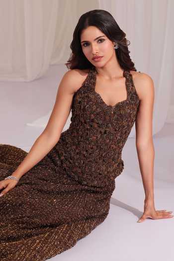 K&A By Karishma and Ashita Brown Net Sequins, Beads Halter Neck Hand Embellished Corset And Lehenga Set Online at Aza Fashions K&A By Karishma and Ashita_Brown Net Sequins, Beads Halter Neck Hand Embellished Corset And Lehenga Set _Online_at_Aza_Fashions