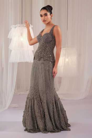 K&A By Karishma and Ashita Grey Net Beads, Stones, Crystals Sweetheart Neck Embellished Corset And Skirt Set Online at Aza Fashions K&A By Karishma and Ashita_Grey Net Beads, Stones, Crystals Sweetheart Neck Embellished Corset And Skirt Set _Online_at_Aza_Fashions