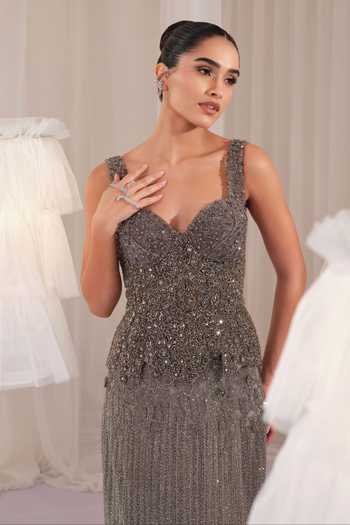 Buy K&A By Karishma and Ashita Grey Net Beads, Stones, Crystals Sweetheart Neck Embellished Corset And Skirt Set Online at Aza Fashions Buy_K&A By Karishma and Ashita_Grey Net Beads, Stones, Crystals Sweetheart Neck Embellished Corset And Skirt Set _Online_at_Aza_Fashions