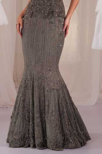 Shop K&A By Karishma and Ashita Grey Net Beads, Stones, Crystals Sweetheart Neck Embellished Corset And Skirt Set Online at Aza Fashions Shop_K&A By Karishma and Ashita_Grey Net Beads, Stones, Crystals Sweetheart Neck Embellished Corset And Skirt Set _Online_at_Aza_Fashions