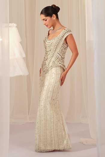 K&A By Karishma and Ashita White Net Sequins, Stones, Crystals Embellished Corset And Beaded Skirt Set Online at Aza Fashions K&A By Karishma and Ashita_White Net Sequins, Stones, Crystals Embellished Corset And Beaded Skirt Set _Online_at_Aza_Fashions
