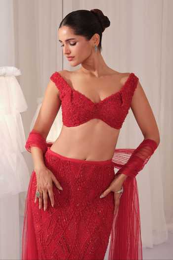 K&A By Karishma and Ashita Red Net Sequins, Beads, Crystals Sweetheart Neck Embellished Pencil Skirt Set Online at Aza Fashions K&A By Karishma and Ashita_Red Net Sequins, Beads, Crystals Sweetheart Neck Embellished Pencil Skirt Set _Online_at_Aza_Fashions