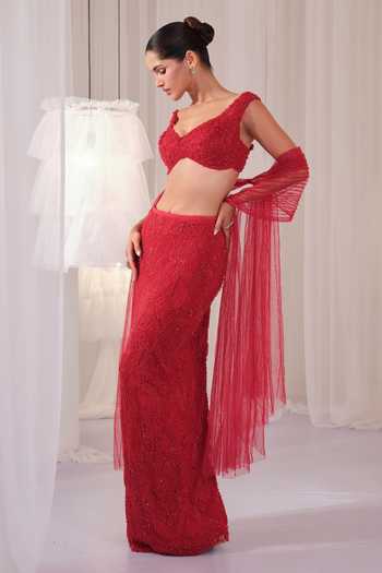 Buy K&A By Karishma and Ashita Red Net Sequins, Beads, Crystals Sweetheart Neck Embellished Pencil Skirt Set Online at Aza Fashions Buy_K&A By Karishma and Ashita_Red Net Sequins, Beads, Crystals Sweetheart Neck Embellished Pencil Skirt Set _Online_at_Aza_Fashions