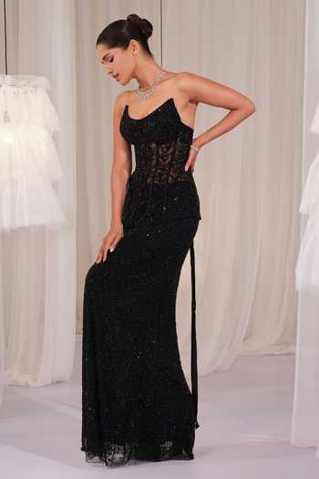 Buy K&A By Karishma and Ashita Black Net Crystals Sweetheart Neck Hand Embellished Corset With Skirt Online at Aza Fashions Buy_K&A By Karishma and Ashita_Black Net Crystals Sweetheart Neck Hand Embellished Corset With Skirt _Online_at_Aza_Fashions