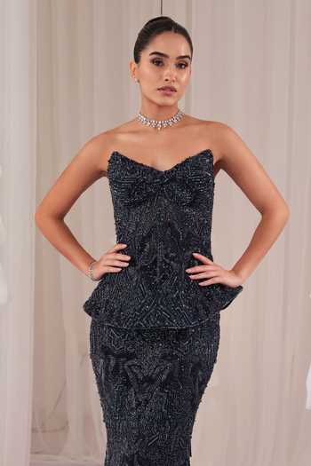 K&A By Karishma and Ashita Blue Net Beads, Crystals Sweetheart Neck Embellished Corset And Skirt Set Online at Aza Fashions K&A By Karishma and Ashita_Blue Net Beads, Crystals Sweetheart Neck Embellished Corset And Skirt Set _Online_at_Aza_Fashions