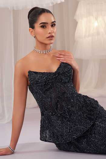 Shop K&A By Karishma and Ashita Blue Net Beads, Crystals Sweetheart Neck Embellished Corset And Skirt Set Online at Aza Fashions Shop_K&A By Karishma and Ashita_Blue Net Beads, Crystals Sweetheart Neck Embellished Corset And Skirt Set _Online_at_Aza_Fashions