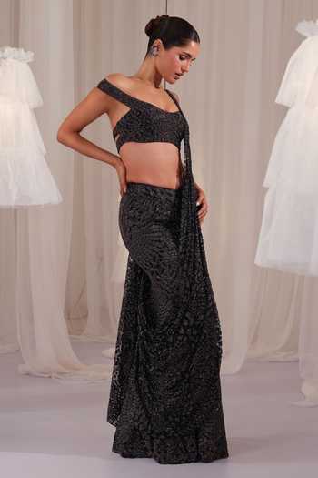 K&A By Karishma And Ashita_Blue Net One Shoulder Embroidered Pre-draped Saree With Blouse _Online_at_Aza_Fashions