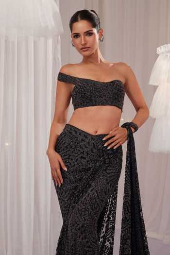 Buy_K&A By Karishma And Ashita_Blue Net One Shoulder Embroidered Pre-draped Saree With Blouse _Online_at_Aza_Fashions