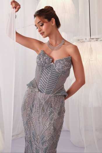 K&A By Karishma And Ashita_Blue Net Beads, Crystals Sweetheart Neck Embroidered Corset And Pencil Skirt Set _Online_at_Aza_Fashions