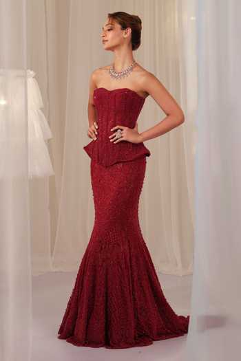 K&A By Karishma and Ashita Maroon Net Sequins, Beads, Crystals Sweetheart Embroidered Corset And Skirt Set Online at Aza Fashions K&A By Karishma and Ashita_Maroon Net Sequins, Beads, Crystals Sweetheart Embroidered Corset And Skirt Set _Online_at_Aza_Fashions