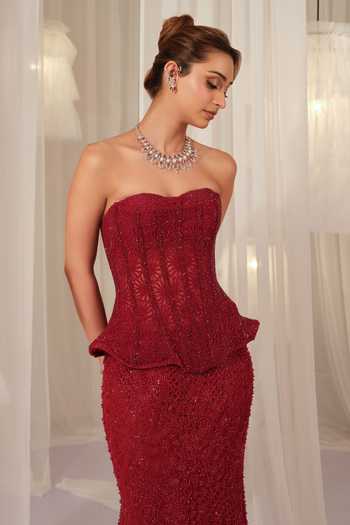 Buy K&A By Karishma and Ashita Maroon Net Sequins, Beads, Crystals Sweetheart Embroidered Corset And Skirt Set Online at Aza Fashions Buy_K&A By Karishma and Ashita_Maroon Net Sequins, Beads, Crystals Sweetheart Embroidered Corset And Skirt Set _Online_at_Aza_Fashions