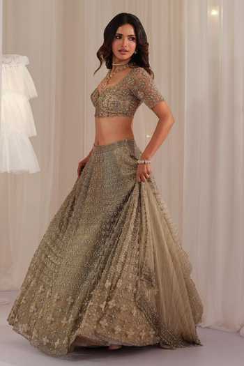 K&A By Karishma and Ashita Beige Net Sweetheart Neck French Knot Embroidered Lehenga Set Online at Aza Fashions K&A By Karishma and Ashita_Beige Net Sweetheart Neck French Knot Embroidered Lehenga Set _Online_at_Aza_Fashions