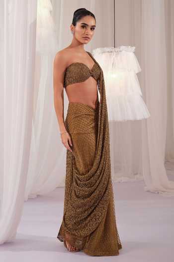 K&A By Karishma and Ashita Gold Net Sweetheart Neck, One Shoulder Embellished Pre-draped Saree With Blouse Online at Aza Fashions K&A By Karishma and Ashita_Gold Net Sweetheart Neck, One Shoulder Embellished Pre-draped Saree With Blouse _Online_at_Aza_Fashions