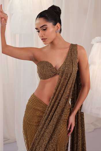 Buy K&A By Karishma and Ashita Gold Net Sweetheart Neck, One Shoulder Embellished Pre-draped Saree With Blouse Online at Aza Fashions Buy_K&A By Karishma and Ashita_Gold Net Sweetheart Neck, One Shoulder Embellished Pre-draped Saree With Blouse _Online_at_Aza_Fashions