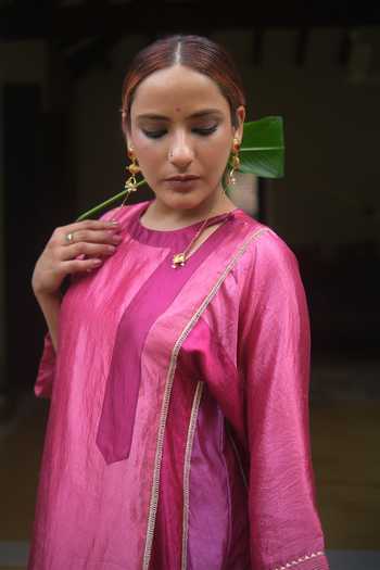 Buy_Myoho_Magenta Chanderi Silk, Dupion Patchwork Embroidered Kurta And Pant Set _Online_at_Aza_Fashions