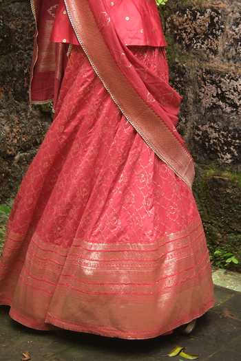 Myoho_Red Brocade Round Neck Embroidered Skirt Set _Online_at_Aza_Fashions