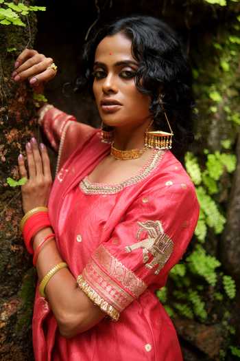 Buy_Myoho_Red Brocade Round Neck Embroidered Skirt Set _Online_at_Aza_Fashions