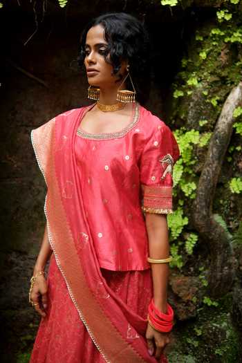 Shop_Myoho_Red Brocade Round Neck Embroidered Skirt Set _Online_at_Aza_Fashions