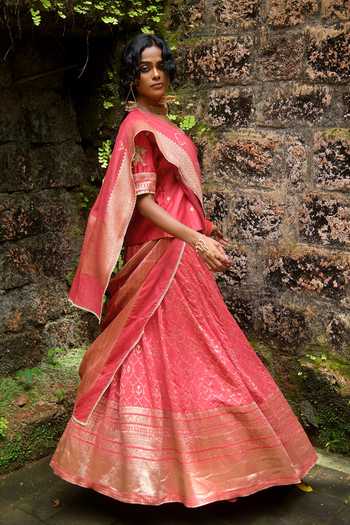 Myoho_Red Brocade Round Neck Embroidered Skirt Set _at_Aza_Fashions