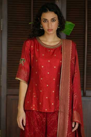 Shop_Myoho_Red Brocade, Dupion Round Neck Elephant Woven Kurta Set _Online_at_Aza_Fashions