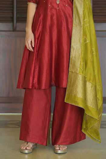 Myoho_Red Chanderi Silk, Dupion Round Neck, Yes Yoke Embroidered Anarkali Set _Online_at_Aza_Fashions