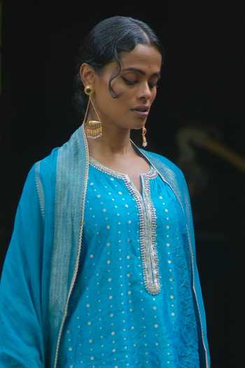 Myoho_Blue Brocade Embroidery V-neck Embellished Kurta Palazzo Set _Online_at_Aza_Fashions
