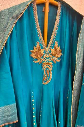Myoho_Blue Chanderi Silk, Brocade V-neck Embroidered Anarkali Set _Online_at_Aza_Fashions