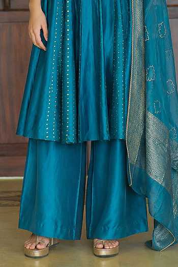 Buy_Myoho_Blue Chanderi Silk, Brocade V-neck Embroidered Anarkali Set _Online_at_Aza_Fashions