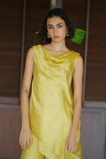 Myoho_Green Chanderi Silk, Dupion Cowl Neck, Yes Kurta And Palazzo Set _Online_at_Aza_Fashions