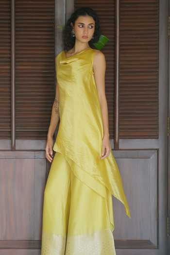 Shop_Myoho_Green Chanderi Silk, Dupion Cowl Neck, Yes Kurta And Palazzo Set _Online_at_Aza_Fashions