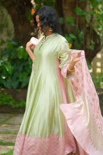 Myoho_Green Chanderi Silk Mandarin Collar Embroidered Anarkali Set _Online_at_Aza_Fashions