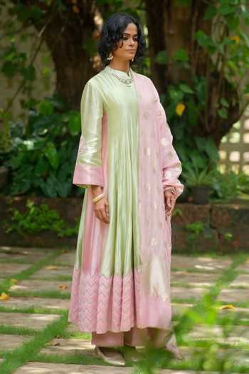 Buy_Myoho_Green Chanderi Silk Mandarin Collar Embroidered Anarkali Set _Online_at_Aza_Fashions