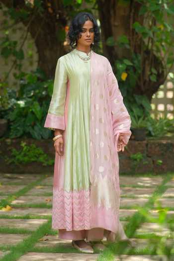 Shop_Myoho_Green Chanderi Silk Mandarin Collar Embroidered Anarkali Set _Online_at_Aza_Fashions