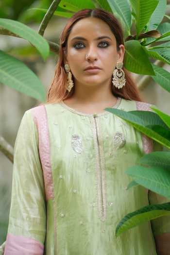 Myoho_Green Silk, Dupion, Silk, Round Neck Embroidered Kurta Set _Online_at_Aza_Fashions