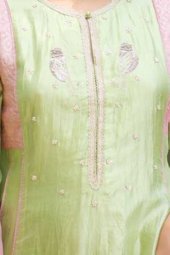 Buy_Myoho_Green Silk, Dupion, Silk, Round Neck Embroidered Kurta Set _Online_at_Aza_Fashions