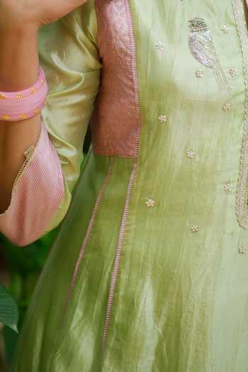 Shop_Myoho_Green Silk, Dupion, Silk, Round Neck Embroidered Kurta Set _Online_at_Aza_Fashions