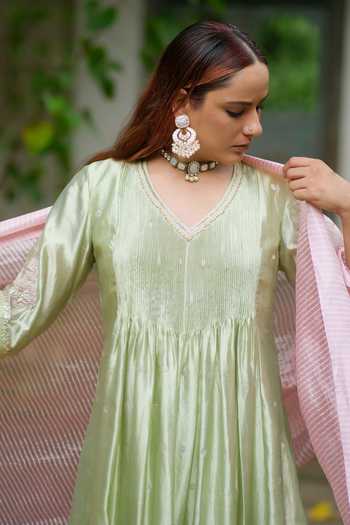 Myoho_Green Chanderi Silk V-neck Pintuck Anarkali Set _Online_at_Aza_Fashions
