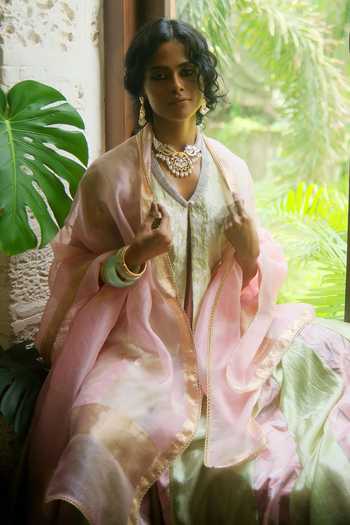 Buy Myoho Green Brocade, Dupion V-neck Chevron Pattern Lehenga Set Online at Aza Fashions Buy_Myoho_Green Brocade, Dupion V-neck Chevron Pattern Lehenga Set _Online_at_Aza_Fashions