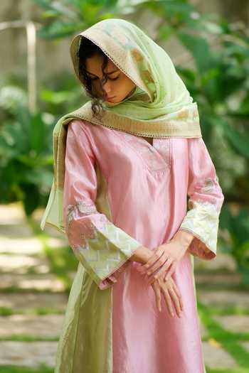 Myoho_Pink Dupion, Chanderi Silk V-neck Hand Embroidered Kurta Set _Online_at_Aza_Fashions