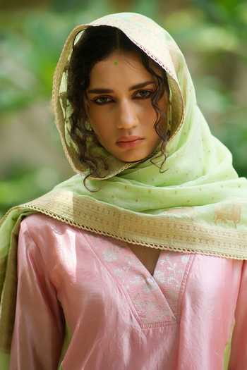 Buy_Myoho_Pink Dupion, Chanderi Silk V-neck Hand Embroidered Kurta Set _Online_at_Aza_Fashions