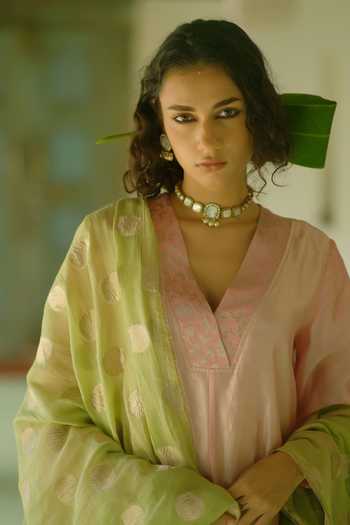 Myoho_Multicolor Dupion, Chanderi Silk V-neck Layered Colorblock Kurta Palazzo Set _Online_at_Aza_Fashions
