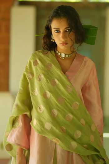 Buy_Myoho_Multicolor Dupion, Chanderi Silk V-neck Layered Colorblock Kurta Palazzo Set _Online_at_Aza_Fashions